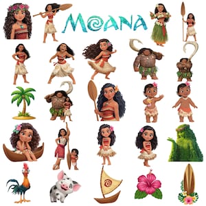 May include: A collection of Moana character stickers featuring Moana in various outfits, Maui with his hook, a palm tree, a boat, a rooster, a pig, a hibiscus flower, and a surfboard. The word Moana is written in a blue, water-textured font.