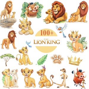 May include: A collection of colorful illustrations featuring characters from "The Lion King." The images include lions, cubs, Timon, Pumbaa, and Zazu. The text "100+ The Lion King" is also present.