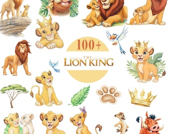 Pacchetto di clipart ad acquerello del Re Leone, Simba e i suoi amici per la festa di compleanno in formato PNG (download digitale)
