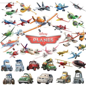 Puede incluir: Una colección de personajes de Disney Planes que incluye varios aviones, helicópteros y vehículos terrestres coloridos. El logotipo central presenta el texto Disney PLANES en un emblema alado rojo. Cada personaje tiene ojos expresivos y pinturas únicas.