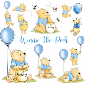 Pode incluir: Uma coleção de ilustrações do Ursinho Pooh mostrando o urso amarelo vestindo uma camisa azul em várias poses, incluindo balões azuis, potes de mel com o rótulo Hunny e abelhas, com o texto Winnie the Pooh.