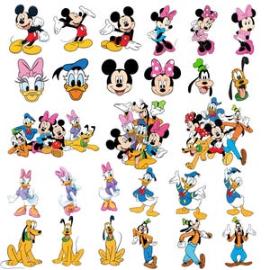 May include: A collection of colorful cartoon character illustrations, including Mickey Mouse, Minnie Mouse, Donald Duck, Daisy Duck, Goofy, and Pluto. The characters are in various poses and groupings, with vibrant colors and distinct features.