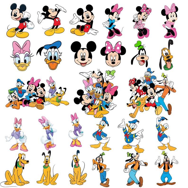 May include: A collection of colorful cartoon character illustrations, including Mickey Mouse, Minnie Mouse, Donald Duck, Daisy Duck, Goofy, and Pluto. The characters are in various poses and groupings, with vibrant colors and distinct features.