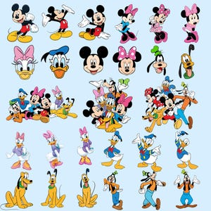 May include: A collection of cartoon character illustrations featuring Mickey Mouse, Minnie Mouse, Donald Duck, Daisy Duck, Goofy, and Pluto. The characters are in various poses and groupings, with a light blue background.