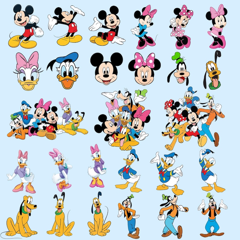 May include: A collection of cartoon character illustrations featuring Mickey Mouse, Minnie Mouse, Donald Duck, Daisy Duck, Goofy, and Pluto. The characters are in various poses and groupings, with a light blue background.