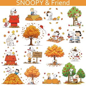 May include: A collection of Peanuts character illustrations featuring Snoopy and friends in autumn settings. The images include characters with pumpkins, apple trees, falling leaves, and a sign that reads Happy Fall Y'all, all set against a white background.