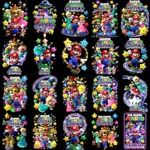 May include: A collection of Super Mario Galaxy graphic prints featuring Mario, Princess Peach, Rosalina, Bowser, Luigi, and Toad surrounded by colorful stars, planets, and cosmic elements against a black background with the Super Mario Galaxy logo.