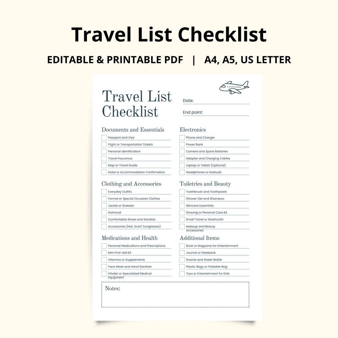 Editable Travel Checklist Canva Template | Printable Packing List ...