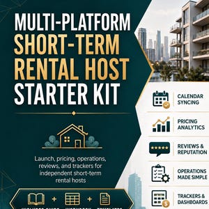 Könnte beinhalten: Ein teal- und goldfarbener Grafik, die ein "Multi-Plattform Short-Term Rental Host Starter Kit" bewirbt. Das Bild enthält Symbole für Kalendersynchronisierung, Preisanalysen, Bewertungen, Abläufe und Tracker. Text enthält "Includes Guide + Workbook + Templates."