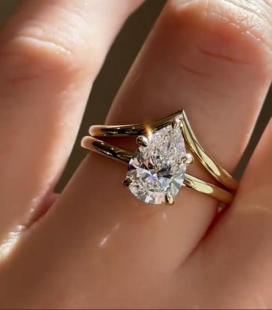 2.5CT Pear Cut Moissanite Engagement Ring Set 14K Solid Yellow Gold ...
