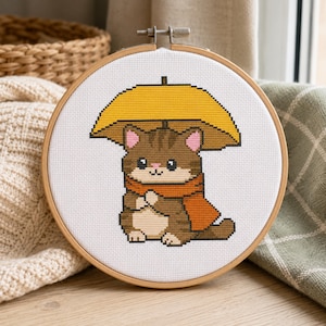 Kreuzstichmuster „Regenschirmkatze“, Kawaii-Kätzchen-Stickvorlage (digital), Herbstschal-Stickvorlage, Süße Herbststickerei, Anfänger-PDF