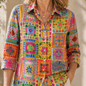 Colorful Patchwork Linen Shirt for Women – Boho Tile Floral Print Button-Up Blouse, Lightweight Summer Top