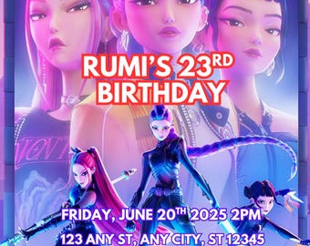 Invitación de cumpleaños de Demon Hunter de K-Pop, plantilla editable de Canva, invitación digital, descarga instantánea, invitación digital de Demon Hunter de K-Pop