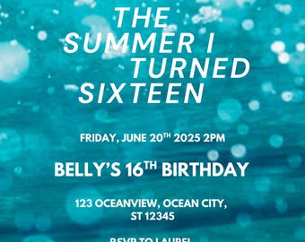 Invitación "El verano en que me volví bonita", invitación TSITP, invitación de cumpleaños, plantilla editable de Canva, invitación digital, descarga instantánea