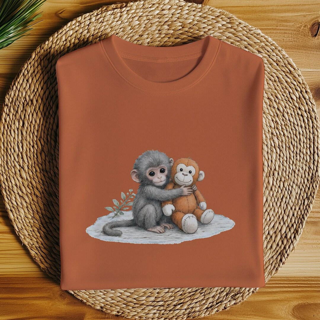 Monkey Hugt-shirt: Baby Monkey With Plush Toy Watercolor Graphic Tee - Etsy