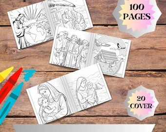 Bible Coloring Book for Kids, 100 Pages Printable Christian Activity Book, Religious Coloring Pages for Sunday School, Instant Download