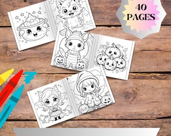 Cute Halloween Coloring Pages for Kids, 40 PNG PDF JPG Sheets, Kawaii Witch Ghost and Pumpkin Printable Coloring Book, Digital Download