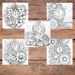 May include: Five black and white line art illustrations of pocket watches surrounded by flowers and other botanical elements. The pocket watches have Roman numeral clock faces. The illustrations are on a wooden background.