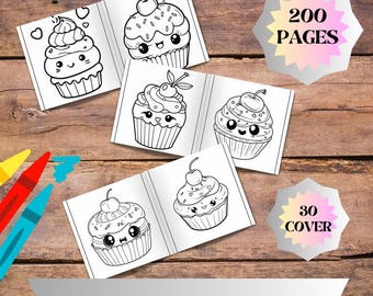かわいいカップケーキの塗り絵、200ページのかわいいデザートアート、30枚の表紙、子供も大人も楽しめる甘いお菓子、すぐにデジタルダウンロード可能