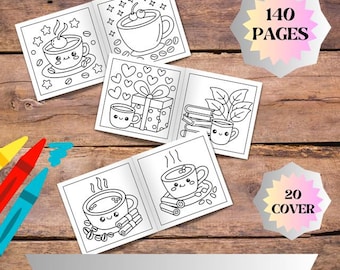 Cute Coffee Lovers Coloring Book, 140 Pages Kawaii Coffee Cup Designs, Relaxing Art for Adults, Digital Download PDF
