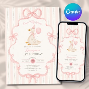May include: A birthday invitation card and a smartphone displaying the same design. The invitation features a white and pink striped background, a pink ribbon frame, and a watercolor goose wearing a party hat with a pink balloon. Text reads One Silly Goose, Georginas 1ST BIRTHDAY, October 25, and event details.
