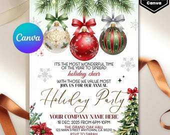 May include: Holiday party invitation with watercolor Christmas ornaments, pine branches, and text. The invitation includes the text "Holiday Party", date, time, location, and RSVP information. The design is easily editable in Canva.