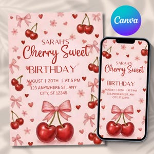 May include: A pink birthday invitation with a cherry theme. The invitation features the text "Sarah's Cherry Sweet Birthday" and includes details such as the date, time, and address. The design includes cherries, bows, and hearts.