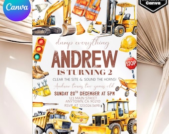 Construction Birthday Invitation, Construction Invitation, Dump Truck Party Invite, 2nd Birthday Invite Printable Template, Editable Canva
