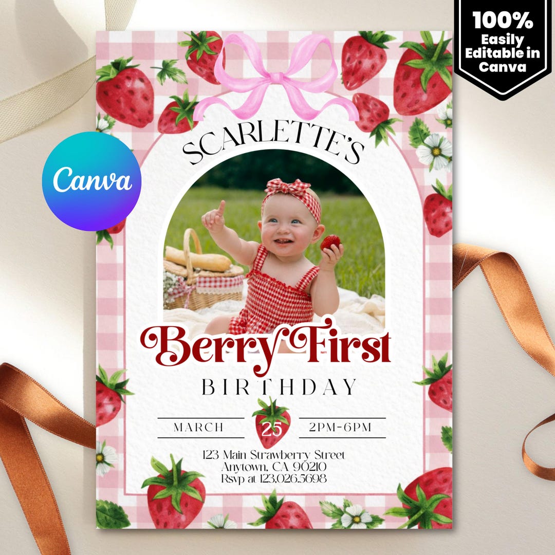 Berry First Birthday Invitation Template, Editable Photo 1st Birthday ...