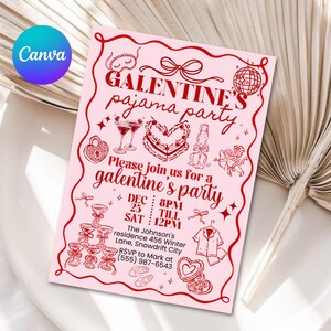 Galentine's Day Pajama Party Invitation Template, Valentines Party Girls Night In PJ Invite, Pink Whimsical hand drawn Galentines Printable