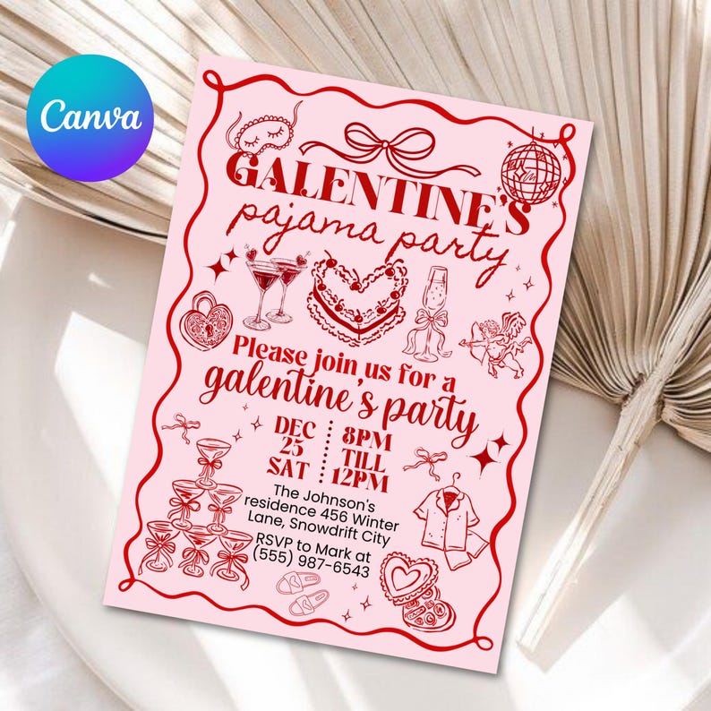 Galentine's Day Pajama Party Invitation Template, Valentines Party Girls Night In PJ Invite, Pink Whimsical hand drawn Galentines Printable