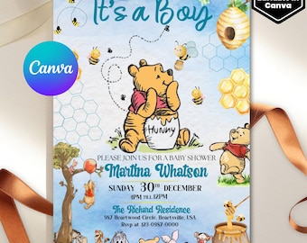 Editable Winnie-the-pooh BABY SHOWER Invitation Template, Bear Balloon Invitation,Barely Wait Baby Shower, Gender Neutral, Instant Download