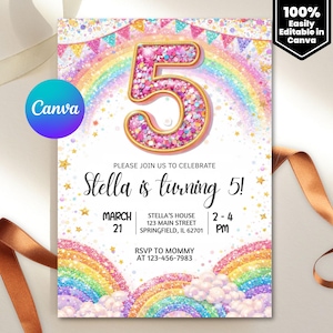 Inbjudan till 5-årsdagen för flicka, redigerbar regnbågspaljéttglitterinbjudan utskrivbar mall för flickfest, rosa födelsedagsinbjudan för flickor