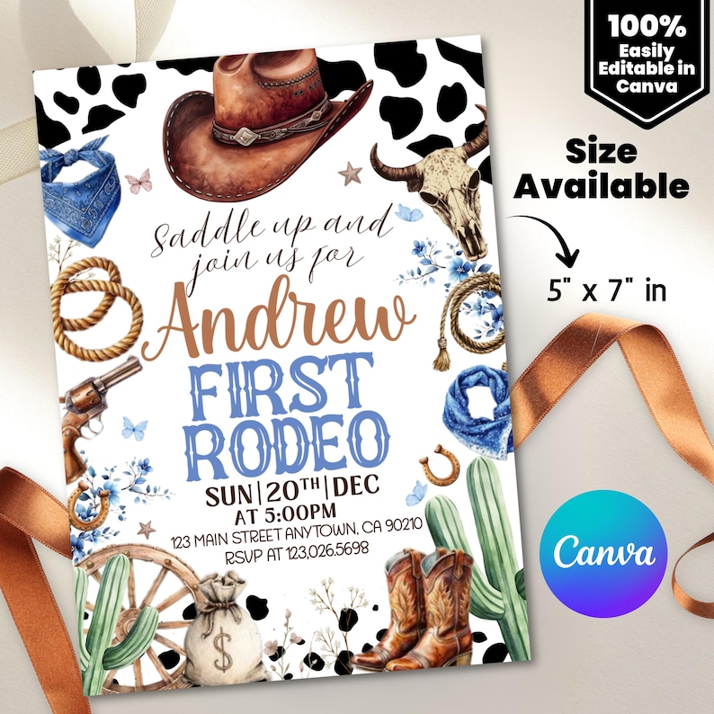 First Rodeo Invitation Template, Wild West Birthday Invite, Boy Cowboy Birthday Invitation, My 1st Rodeo Invitation, 5x7 Canva