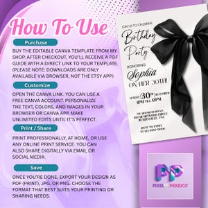 Black Bow Birthday Invitation Template: Elegant Editable Party Invite, Digital Download for Printable and Phone Format