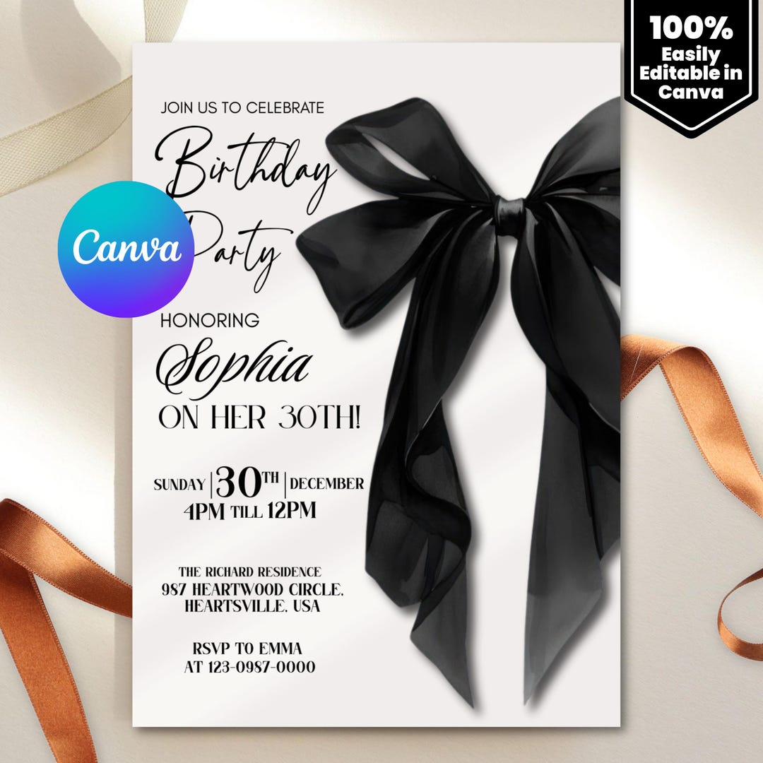 Black Bow Birthday Invitation Template Elegant Editable Party Invite
