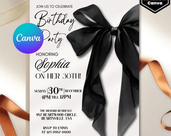 Black Bow Birthday Invitation Template: Elegant Editable Party Invite, Digital Download for Printable and Phone Format
