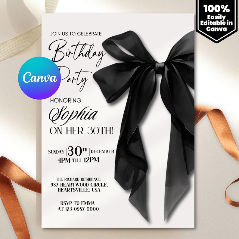 Black Bow Birthday Invitation Template: Elegant Editable Party Invite, Digital Download for Printable and Phone Format