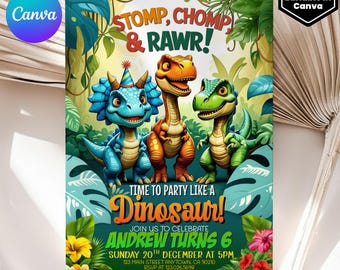 Edytowalne zaproszenie na dinozaura, zaproszenie na przyjęcie urodzinowe dinozaura, zaproszenie na przyjęcie T-Rex, zaproszenie na urodziny dinozaura, edytowalny szablon Canva