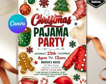 Christmas Pajama Party Invitation, Pajama Invitation, Christmas Party Invitation, Holiday Party Invite, Xmas Party, Editable Canva Template
