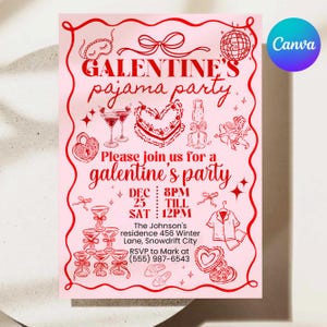 Galentine's Day Pajama Party Invitation Template, Valentines Party Girls Night In PJ Invite, Pink Whimsical hand drawn Galentines Printable