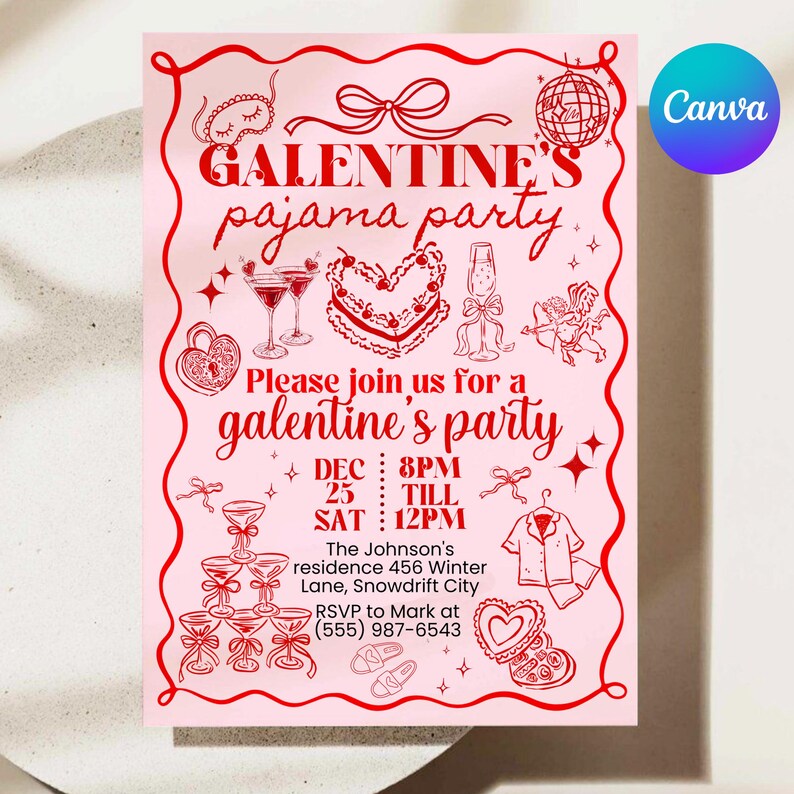 Galentine's Day Pajama Party Invitation Template, Valentines Party Girls Night In PJ Invite, Pink Whimsical hand drawn Galentines Printable