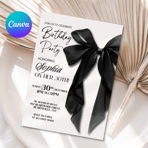 Black Bow Birthday Invitation Template: Elegant Editable Party Invite, Digital Download for Printable and Phone Format