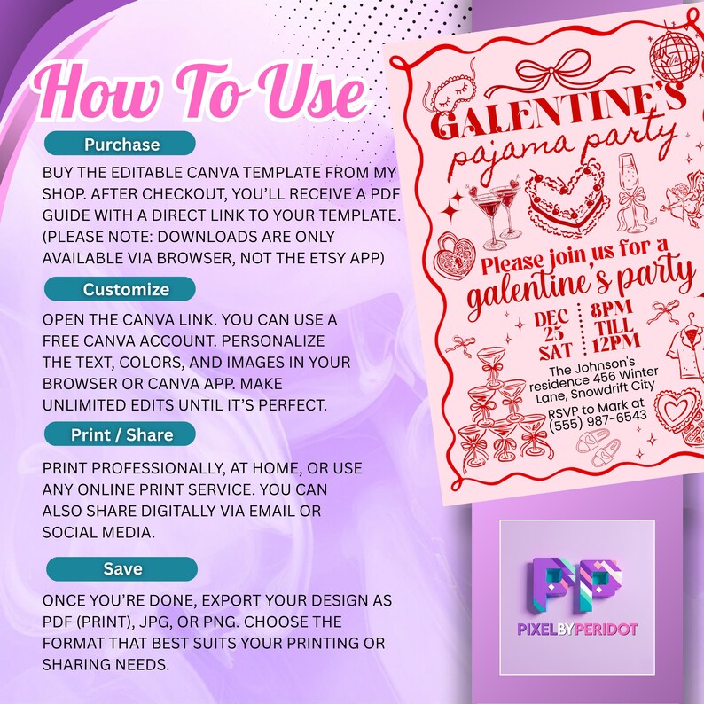 Galentine's Day Pajama Party Invitation Template, Valentines Party Girls Night In PJ Invite, Pink Whimsical hand drawn Galentines Printable