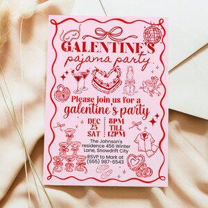 Galentine's Day Pajama Party Invitation Template, Valentines Party Girls Night In PJ Invite, Pink Whimsical hand drawn Galentines Printable