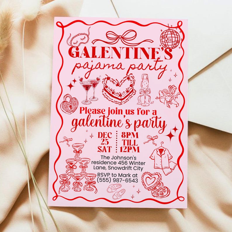Galentine's Day Pajama Party Invitation Template, Valentines Party Girls Night In PJ Invite, Pink Whimsical hand drawn Galentines Printable