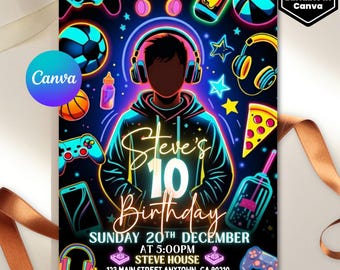 Può includere: Un vivace invito di compleanno a tema gamer neon. Il design presenta un'illustrazione centrale di una persona con le cuffie, circondata da icone di gioco e il testo "Steve's 10th Birthday". Il logo Canva è visibile.