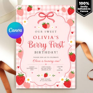Plantilla de invitación para primer cumpleaños con diseño de bayas, invitaciones editables para primer cumpleaños, invitaciones imprimibles de fresas.