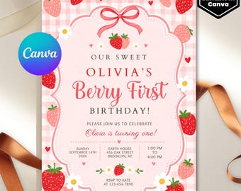 Berry First Birthday Invitation Template, Editable Photo 1st Birthday Party Invitations, Printable Strawberry Birthday Invites