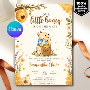 May include: A baby shower invitation card featuring a yellow bear in a blue shirt sitting next to a honey pot. The text reads Our little honey is on the way, Samantha Claire, Sunday Feb 05 2026 at 11:00 PM, Olivia's Residence, and RSVP to mom.